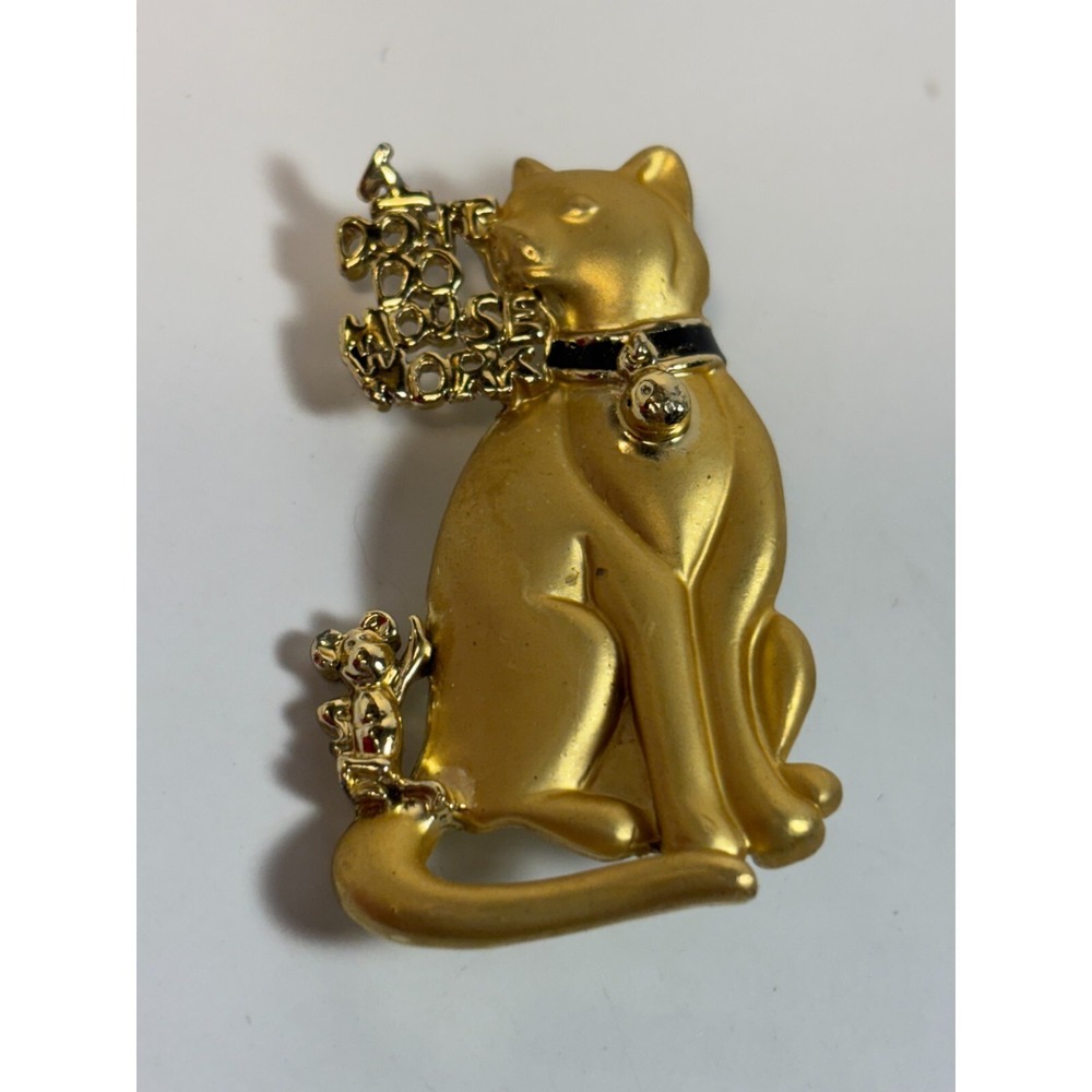 Vintage Cat Pin‎ I don't do mousework Gold Tone Signed DanoCrafts